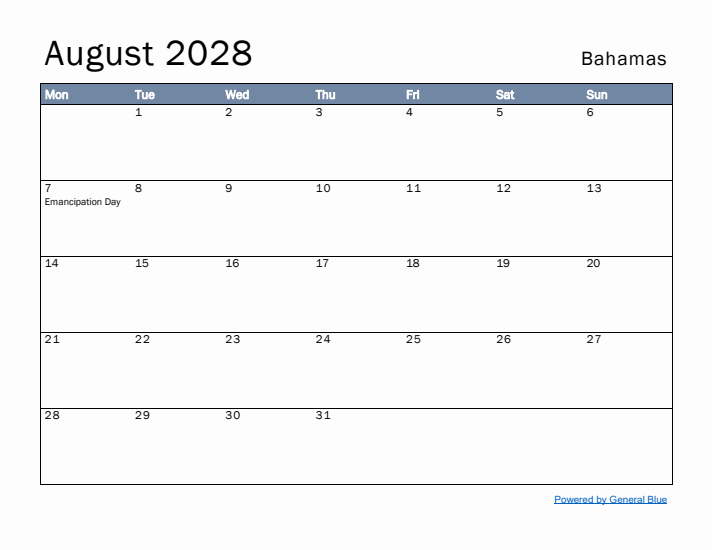 August 2028 Simple Monthly Calendar for Bahamas