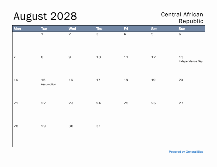 August 2028 Simple Monthly Calendar for Central African Republic