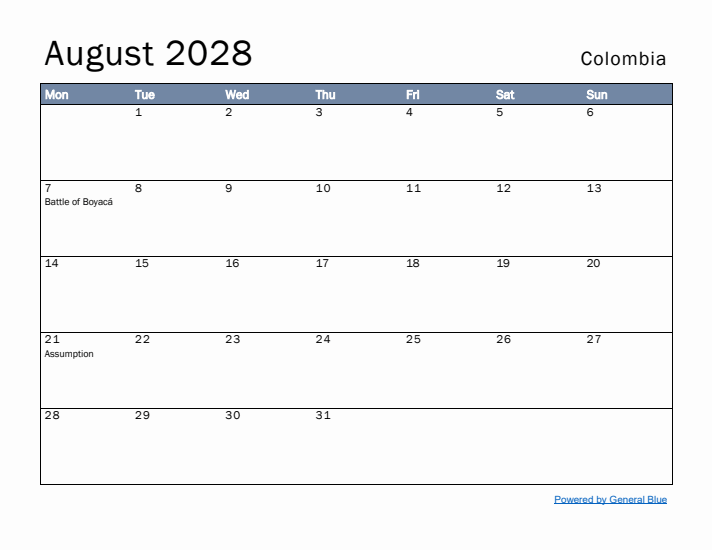 August 2028 Simple Monthly Calendar for Colombia