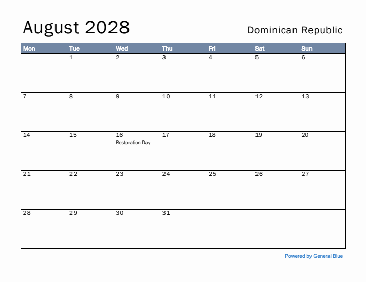 August 2028 Simple Monthly Calendar for Dominican Republic