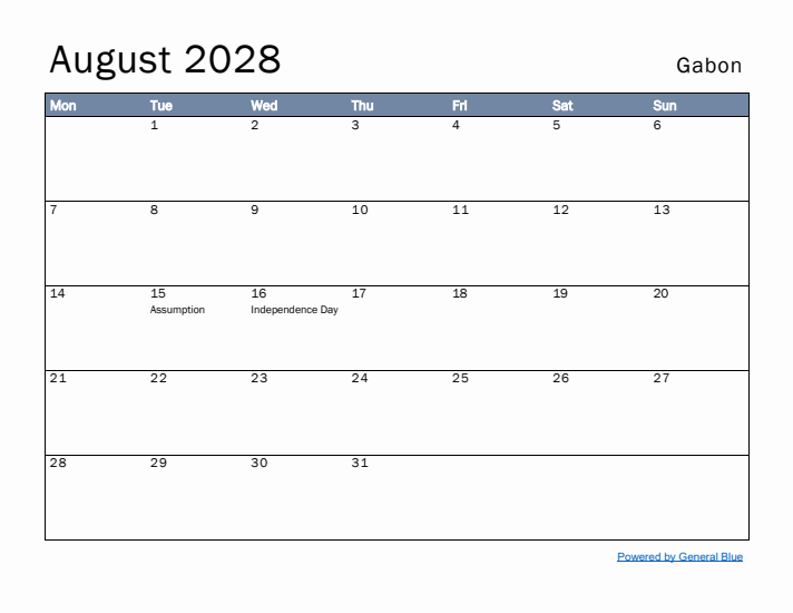 August 2028 Simple Monthly Calendar for Gabon