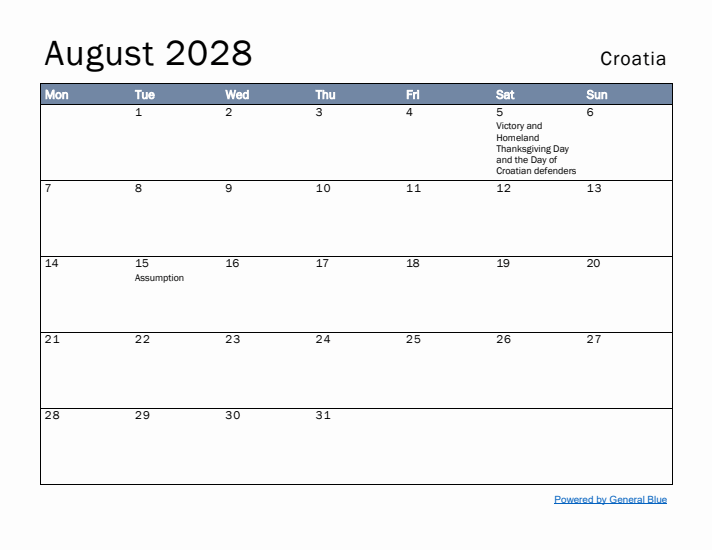 August 2028 Simple Monthly Calendar for Croatia