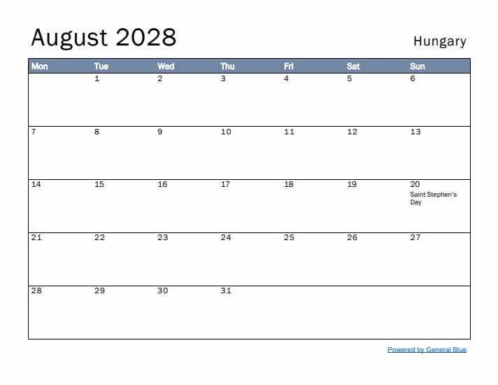 August 2028 Simple Monthly Calendar for Hungary