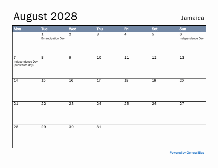 August 2028 Simple Monthly Calendar for Jamaica