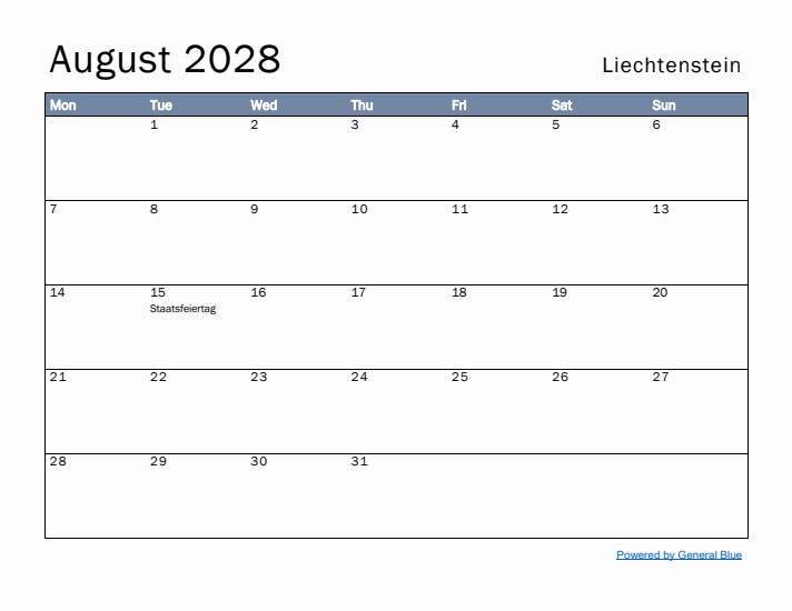 August 2028 Simple Monthly Calendar for Liechtenstein