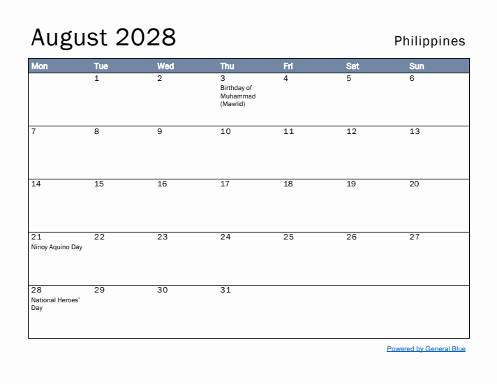 August 2028 Simple Monthly Calendar for Philippines