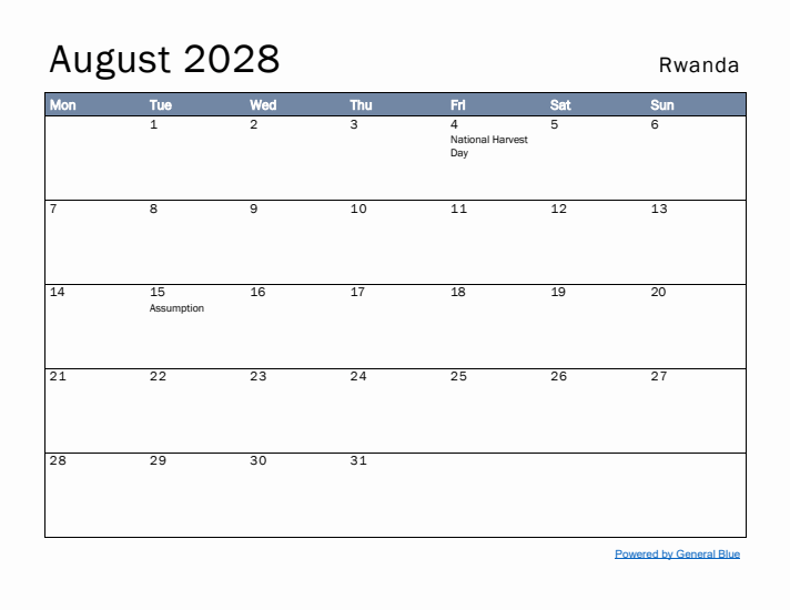 August 2028 Simple Monthly Calendar for Rwanda