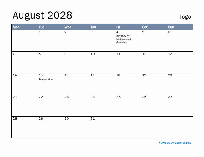 August 2028 Simple Monthly Calendar for Togo