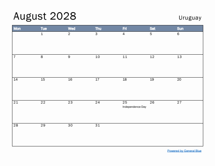 August 2028 Simple Monthly Calendar for Uruguay