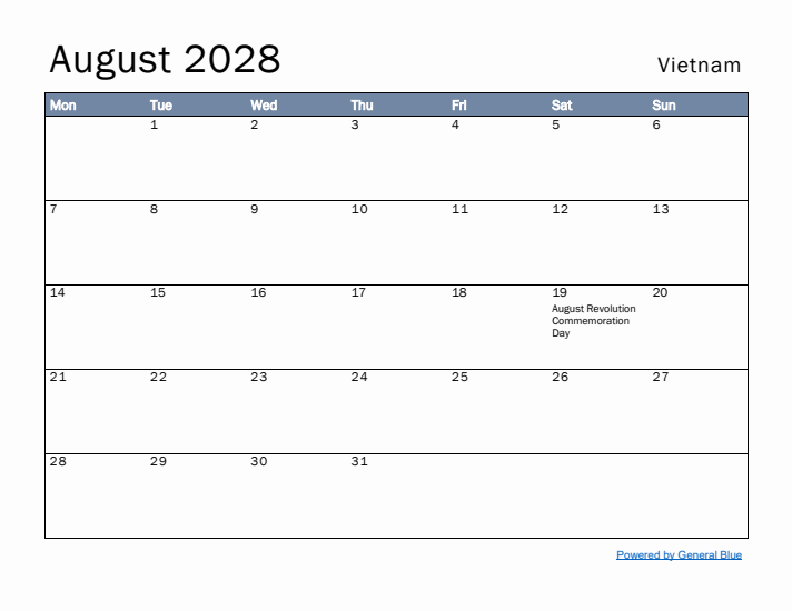 August 2028 Simple Monthly Calendar for Vietnam