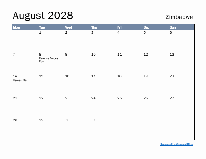 August 2028 Simple Monthly Calendar for Zimbabwe