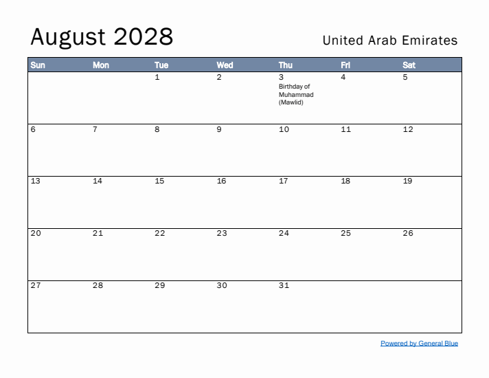 August 2028 Simple Monthly Calendar for United Arab Emirates