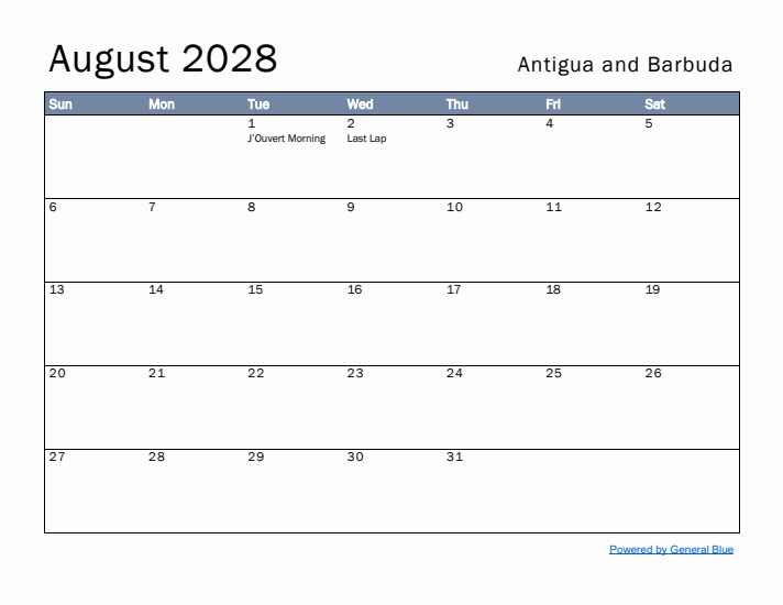 August 2028 Simple Monthly Calendar for Antigua and Barbuda