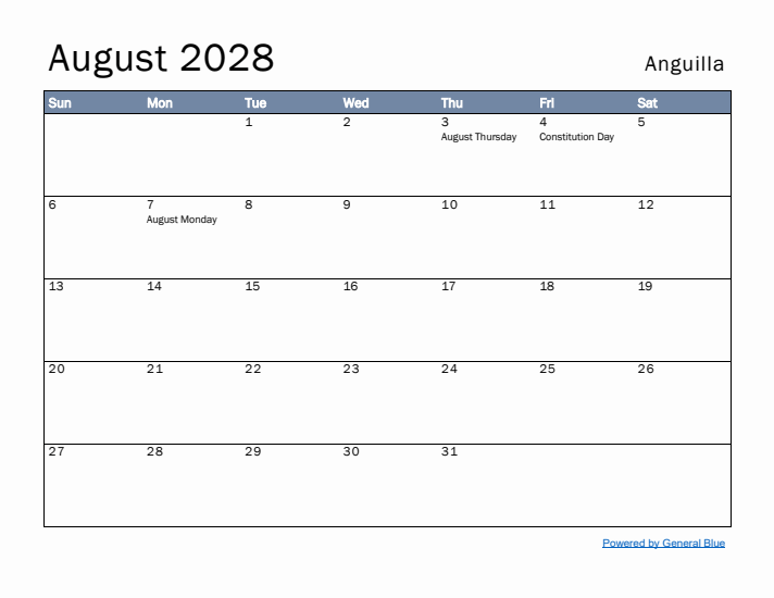 August 2028 Simple Monthly Calendar for Anguilla