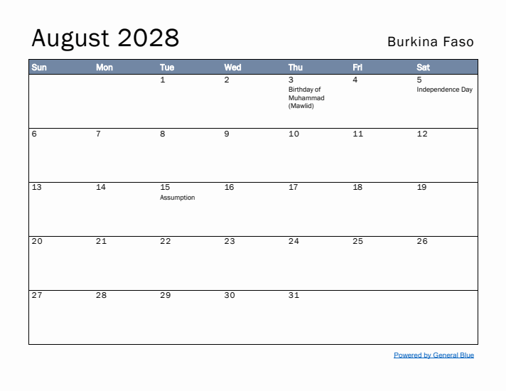 August 2028 Simple Monthly Calendar for Burkina Faso