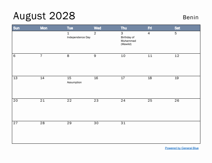 August 2028 Simple Monthly Calendar for Benin