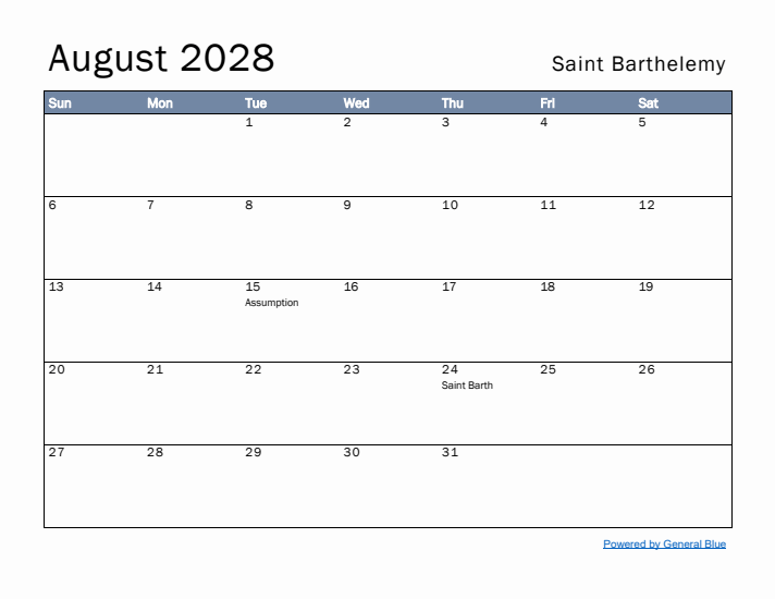 August 2028 Simple Monthly Calendar for Saint Barthelemy