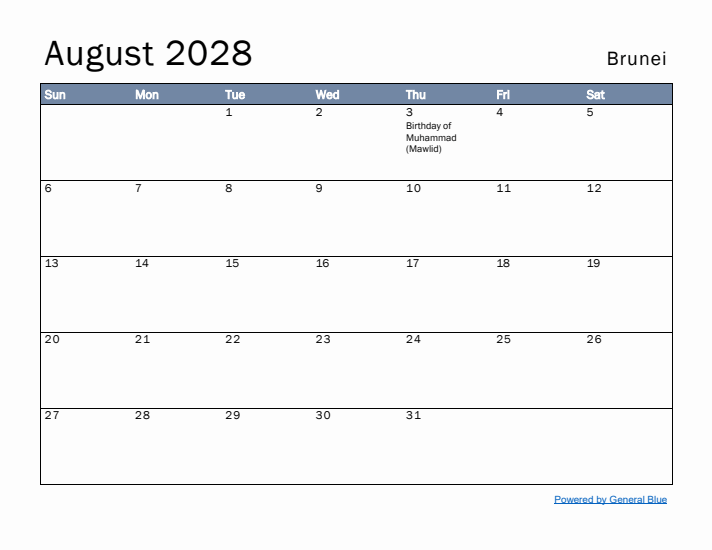 August 2028 Simple Monthly Calendar for Brunei