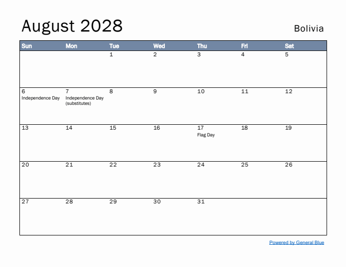 August 2028 Simple Monthly Calendar for Bolivia