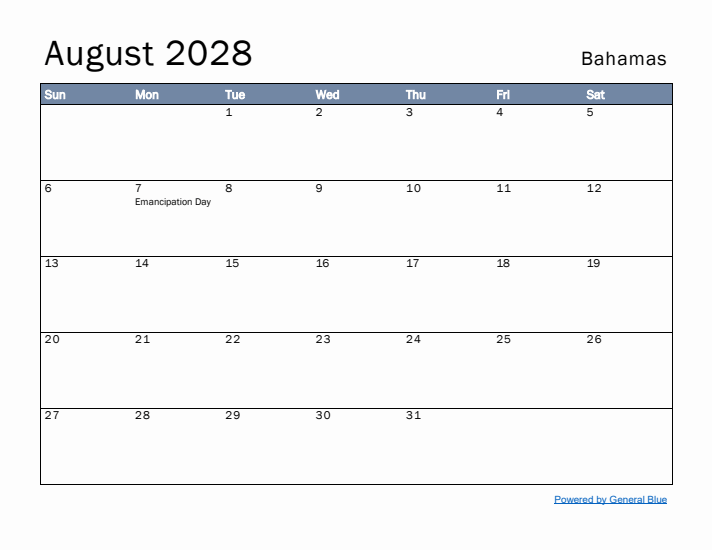 August 2028 Simple Monthly Calendar for Bahamas