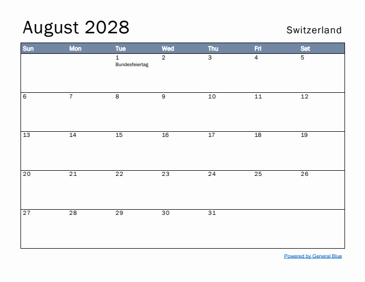 August 2028 Simple Monthly Calendar for Switzerland