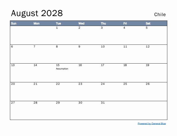 August 2028 Simple Monthly Calendar for Chile