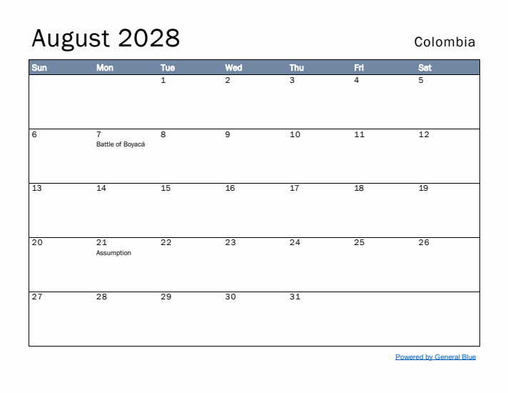 August 2028 Simple Monthly Calendar for Colombia