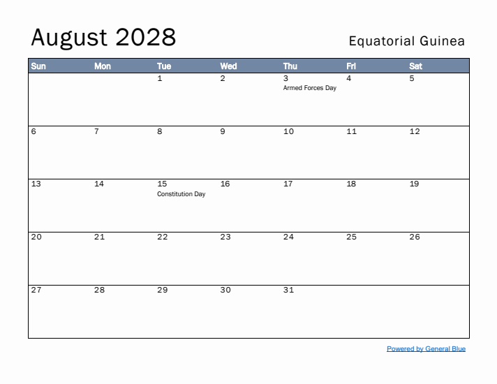 August 2028 Simple Monthly Calendar for Equatorial Guinea