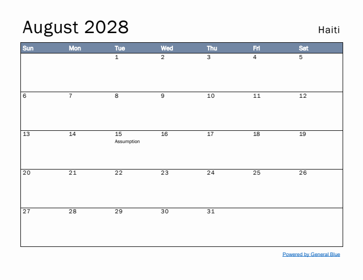 August 2028 Simple Monthly Calendar for Haiti