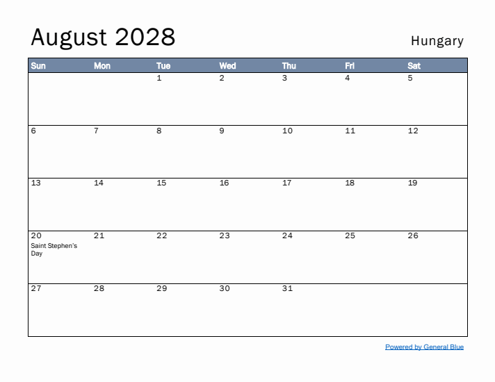 August 2028 Simple Monthly Calendar for Hungary