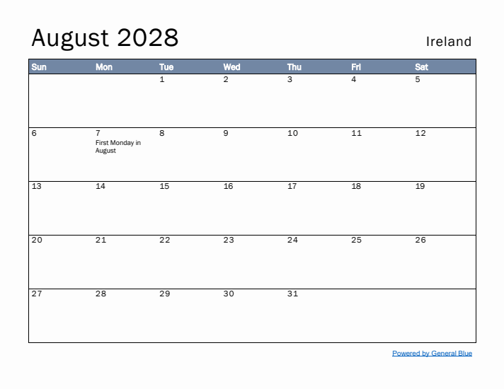 August 2028 Simple Monthly Calendar for Ireland