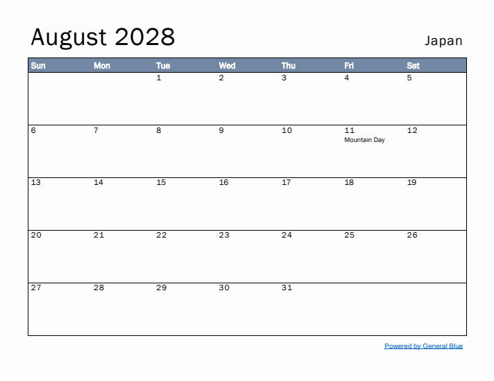 August 2028 Simple Monthly Calendar for Japan