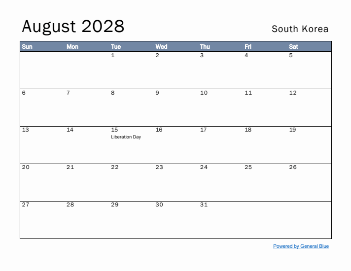 August 2028 Simple Monthly Calendar for South Korea