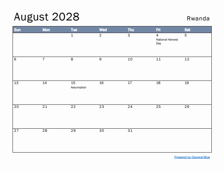 August 2028 Simple Monthly Calendar for Rwanda