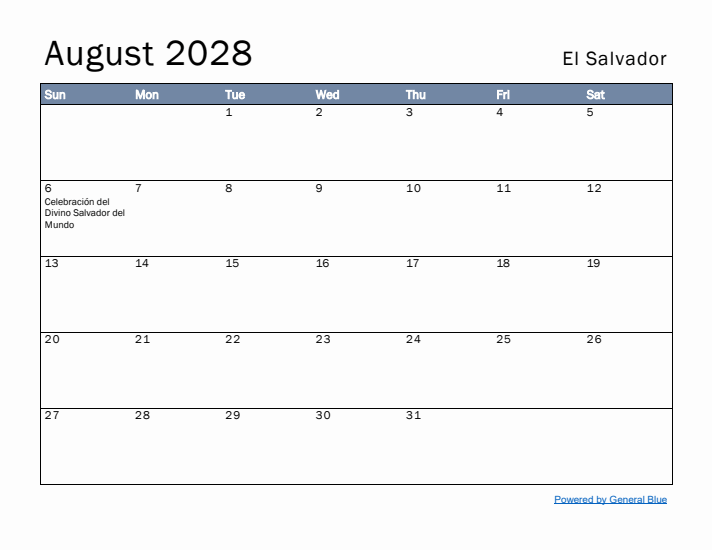 August 2028 Simple Monthly Calendar for El Salvador