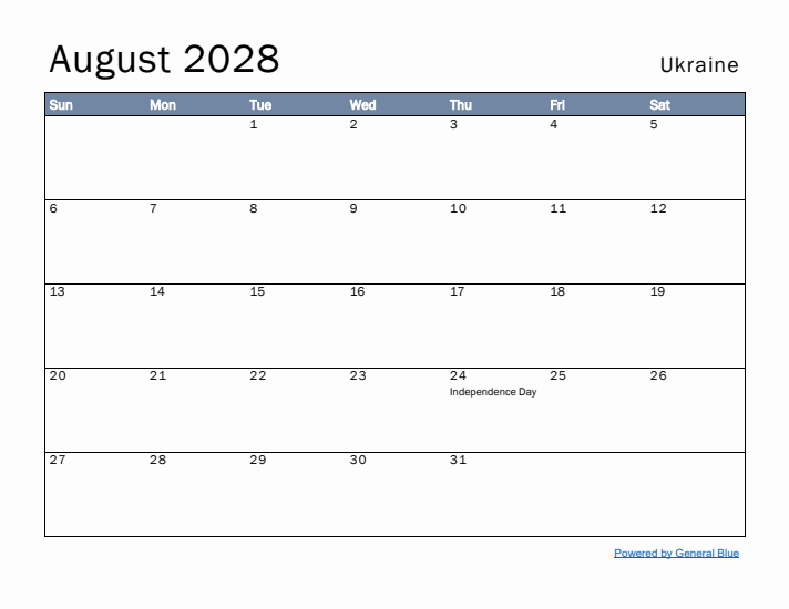 August 2028 Simple Monthly Calendar for Ukraine