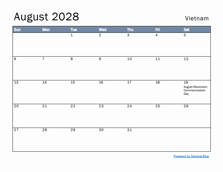 August 2028 Simple Monthly Calendar for Vietnam