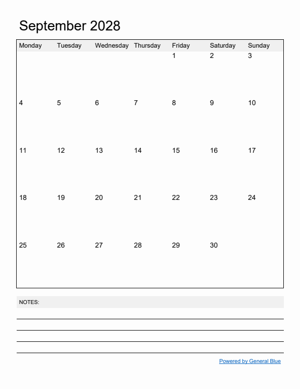 Basic Monthly Calendar Template for September 2028