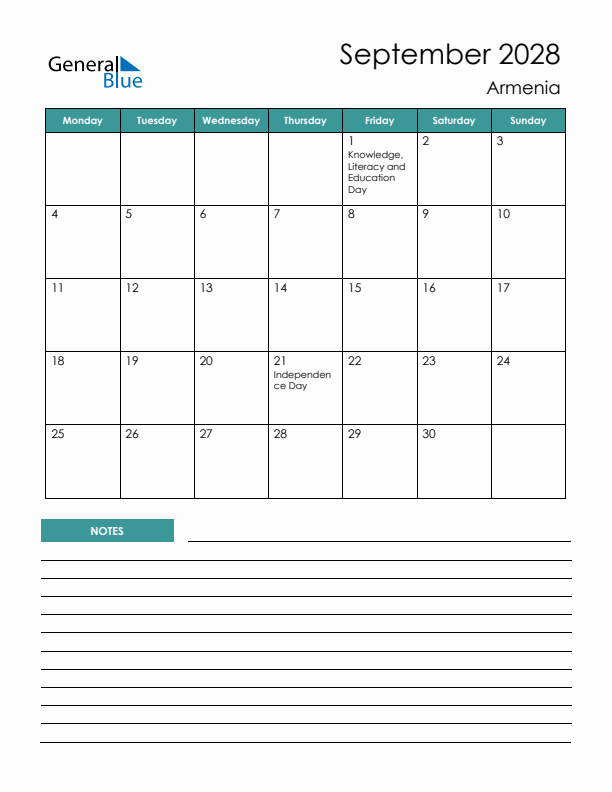 Calendar with Notes Printable - Monday Start