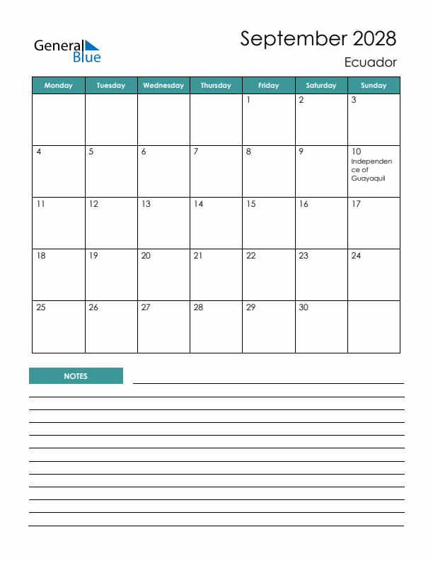 Calendar with Notes Printable - Monday Start