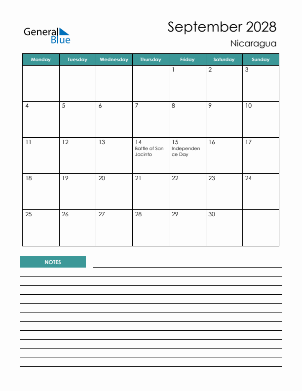 Calendar with Notes Printable - Monday Start