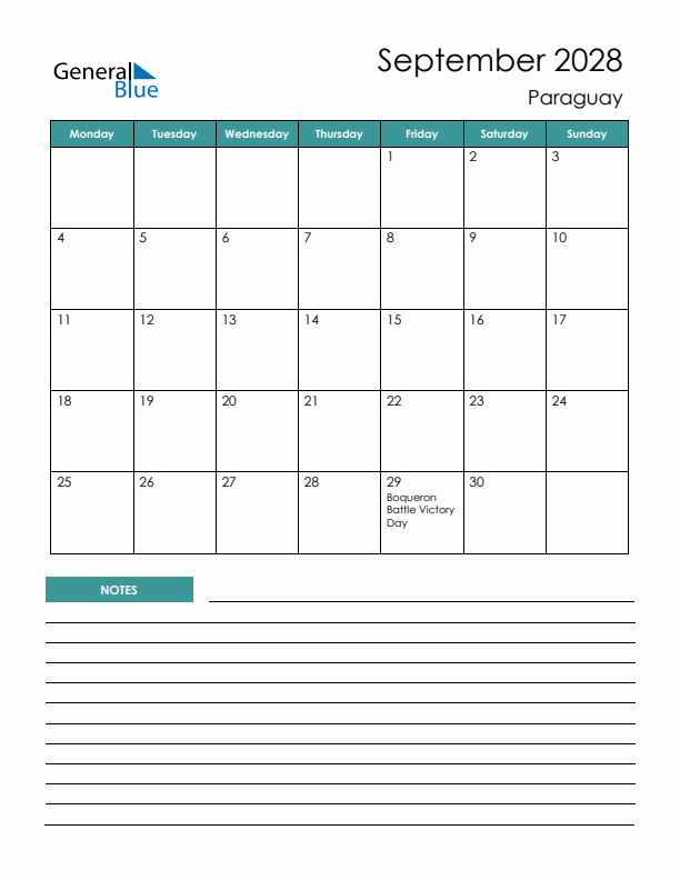 Calendar with Notes Printable - Monday Start