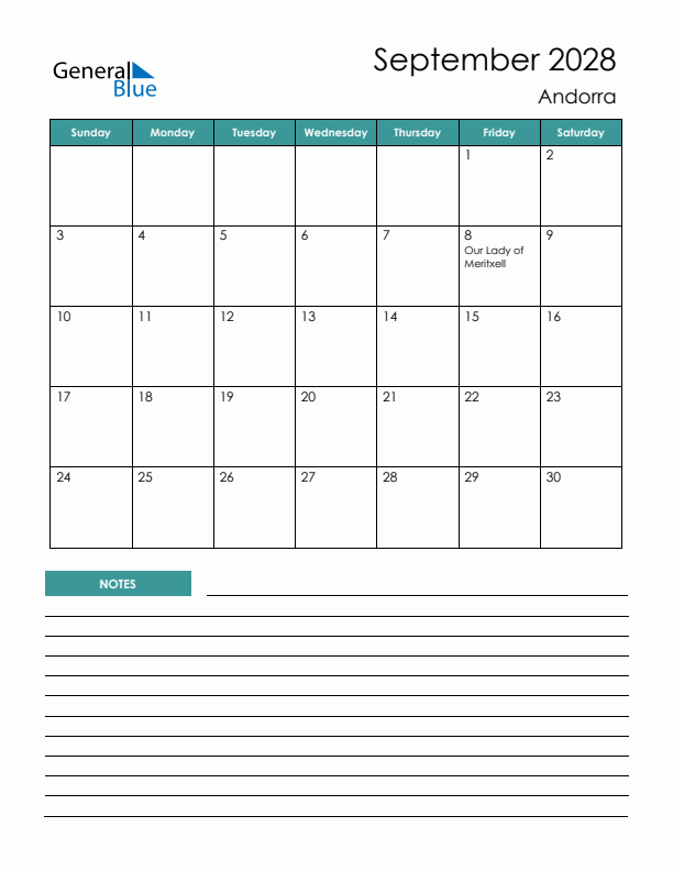 Calendar with Notes Printable - Sunday Start