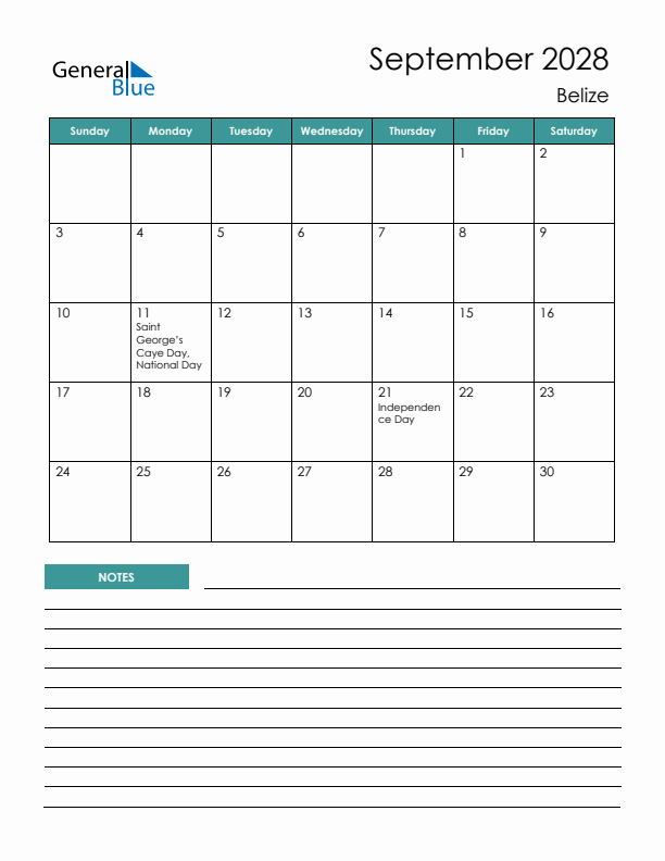 Calendar with Notes Printable - Sunday Start