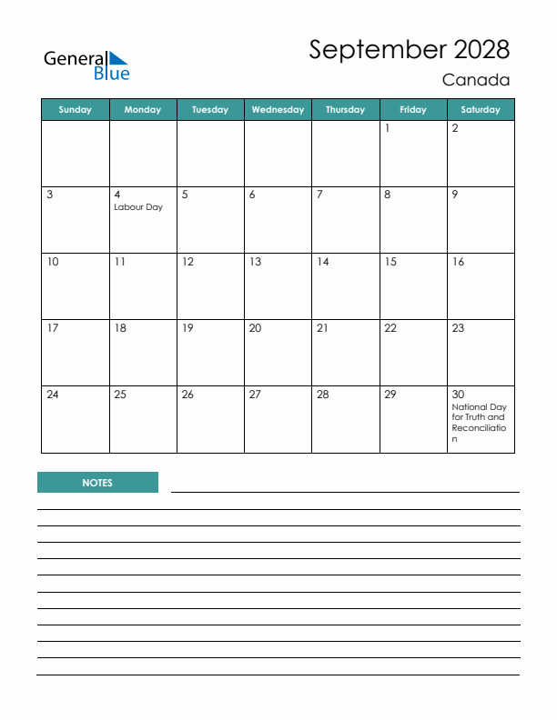 Calendar with Notes Printable - Sunday Start