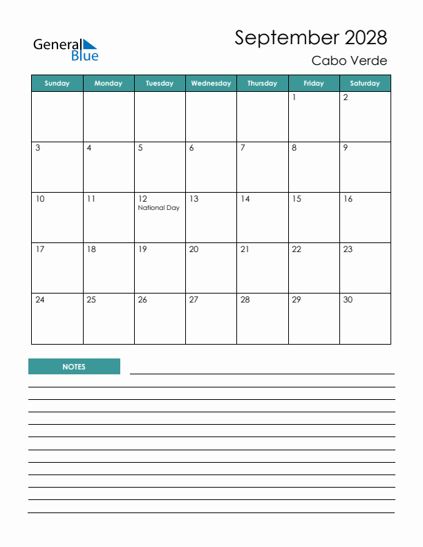 Calendar with Notes Printable - Sunday Start