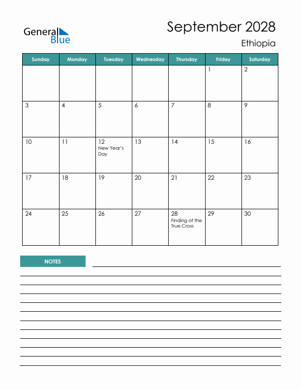 Calendar with Notes Printable - Sunday Start