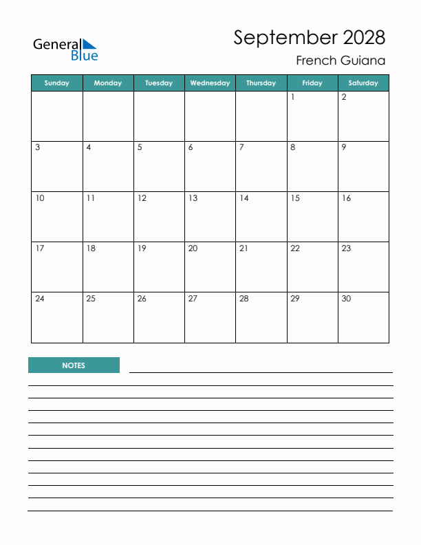 Calendar with Notes Printable - Sunday Start