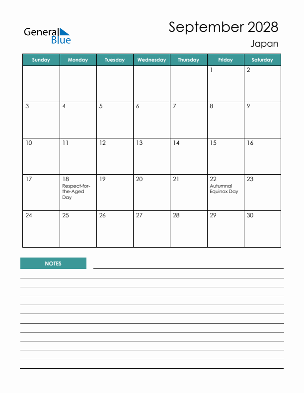 Calendar with Notes Printable - Sunday Start