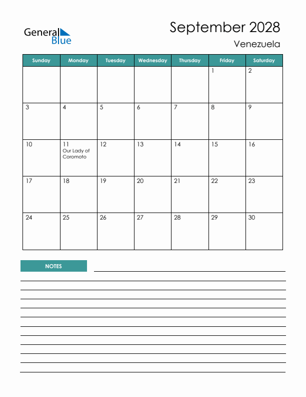 Calendar with Notes Printable - Sunday Start